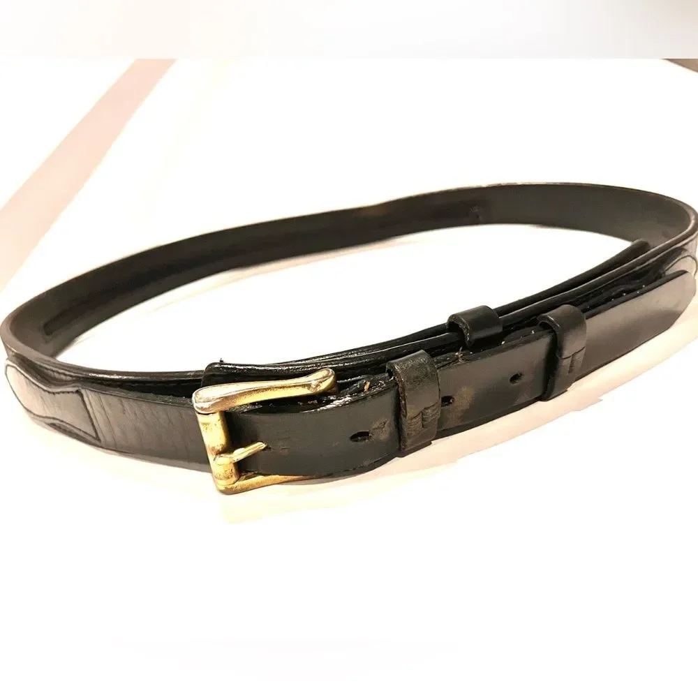 Western Black Leather Money Belt Sz 36 Hidden Zipper Compartment & Gold Buckle